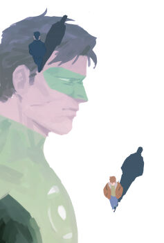 2boys batman_(series) black_bodysuit black_hair bodysuit bruce_wayne covered_abs dc_comics domino_mask eye_mask green_lantern green_lantern_(series) grey_bodysuit hal_jordan highres large_pectorals male_focus mask multicolored_bodysuit multiple_boys muscular muscular_male pectorals short_hair superhero_costume two-tone_bodysuit who_thehell_is