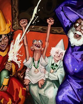 Rule 34 | 1boy, 3others, absurdres, alcohol, beard, champagne, champagne bottle, commentary, creature, dark-skinned male, dark skin, english commentary, facial hair, foam, glasses, hat, highres, indoors, long arms, medal, multiple others, original, purple robe, robe, squirting liquid, white facial hair, white hair, white robe, wizard, wizard hat, zarzaliel