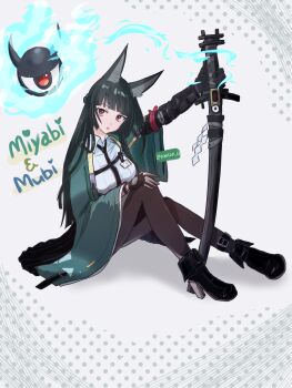 1girl animal_ear_fluff animal_ears aqua_jacket arm_out_of_sleeve black_boots black_gloves black_hair black_necktie black_skirt blunt_bangs boots breasts brown_pantyhose character_name commentary_request dotted_background fingerless_gloves fox_ears fox_girl full_body gauntlets gloves grey_background highres holding holding_sword holding_weapon hoshimi_miyabi id_card jacket katana knees_up large_breasts light_blush long_hair looking_at_viewer mirimiri21 necktie open_mouth pantyhose red_eyes shirt single_fingerless_glove single_gauntlet sitting skirt sword tailless_(zenless_zone_zero) twitter_username weapon white_shirt zenless_zone_zero