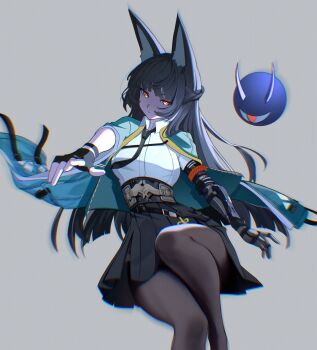 1girl absurdres animal_ear_fluff animal_ears aqua_jacket arm_out_of_sleeve belt black_hair black_necktie black_pantyhose black_skirt blunt_bangs commentary cowboy_shot english_commentary fingerless_gloves fox_ears fox_girl gauntlets gloves grey_background high-waist_skirt highres hoshimi_miyabi jacket long_hair looking_at_viewer necktie nervi_fd pantyhose red_eyes shirt single_fingerless_glove single_gauntlet skirt tailless_(zenless_zone_zero) unfinished white_shirt zenless_zone_zero