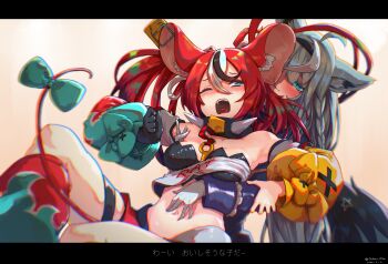 2girls ahoge animal_ear_fluff animal_ears armpits artist_name asymmetrical_sleeves between_breasts biting biting_ear black_bra black_hair black_streaks blue_eyes blue_jacket blush bow bra braid breasts cheese choker chromatic_aberration commentary dated detached_sleeves dice dice_hair_ornament double-parted_bangs food fox_ears fox_tail gloves grabbing_another's_arm grabbing_from_behind groping hair_between_eyes hair_ornament hakos_baelz hakos_baelz_(1st_costume) hand_on_another's_stomach highres hololive hololive_english jacket kanchigai key letterboxed medium_breasts mouse_ears mouse_tail multicolored_hair multicolored_skirt multiple_girls navel one_eye_closed open_mouth pentagram red_hair saliva shirakami_fubuki shirakami_fubuki_(parade_dress) shirt_slip skindentation skirt sleeve_cuffs spiked_choker spikes sweat tail tail_bow tail_ornament tears teeth thigh_strap tongue tongue_out underwear uneven_bangs virtual_youtuber white_gloves white_hair yuri