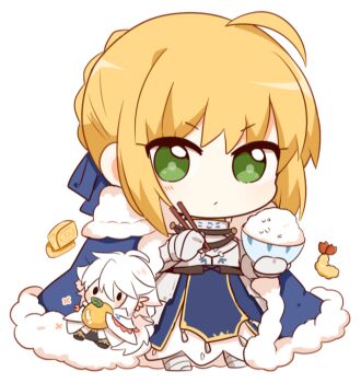 1boy 1girl ahoge alpha_transparency armor armored_dress artoria_pendragon_(fate) blonde_hair blue_cape blue_dress bowl braid cape chibi chopsticks dress fate/grand_order fate_(series) food fruit fur-trimmed_cape fur_trim gauntlets green_eyes holding holding_bowl holding_chopsticks long_hair merlin_(fate) rabi_(swordofthestone) rice_bowl saber_(fate) shrimp shrimp_tempura tempura transparent_background