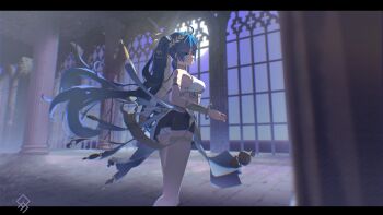 1girl absurdres ahoge ancient_greek_clothes armlet artist_logo bare_shoulders black_skirt blue_eyes blue_hair breasts commentary commentary_request english_commentary feet_out_of_frame from_behind full_moon greco-roman_clothes highres indoors iuno_(wuthering_waves) jewelry laurel_crown letterboxed logo long_hair looking_at_viewer looking_back medium_breasts miniskirt mixed-language_commentary moon night night_sky partial_commentary qurami skirt sky solo thighlet vambraces very_long_hair wuthering_waves