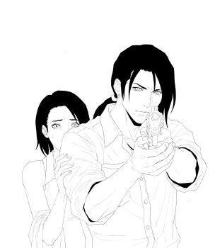 1boy 1girl adoptive_parent_and_adoptive_child aiming aiming_at_viewer black_hair collared_shirt commentary_request ellone father_and_daughter final_fantasy final_fantasy_viii furrowed_brow greyscale hiding hiding_behind_another highres laguna_loire locke_otaku long_hair low_ponytail monochrome parted_bangs ponytail shawl shirt short_hair sleeveless sleeveless_shirt sleeves_rolled_up upper_body white_background