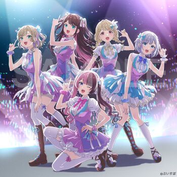 5girls album_cover alternate_costume aqua_eyes blonde_hair boots bow bowtie braid breasts brown_hair buttons collared_dress colored_inner_hair commentary_request company_name copyright_notice cover crowd double-breasted dress finger_gun frilled_wrist_cuffs frills full_body glowstick grey_hair hair_bow highres idol_clothes kaga_nazuna kaga_sumire knee_boots kneehighs kogara_toto kurumi_noah lace-up_boots layered_skirt long_hair looking_at_viewer low_twin_braids medium_breasts mele_ck multicolored_dress multicolored_hair multiple_girls official_art on_one_knee penlight_(glowstick) pink_hair platform_shoes pleated_skirt puffy_short_sleeves puffy_sleeves purple_hair red_eyes sample_watermark scrunchie short_hair short_sleeves shorts_under_dress skirt sleeveless sleeveless_dress socks split-color_hair stage stage_lights standing streaked_hair string_bowtie swept_bangs tachibana_hinano thighhighs twin_braids twintails two-tone_hair two_side_up virtual_youtuber vspo! waist_bow watermark wrist_cuffs wrist_scrunchie