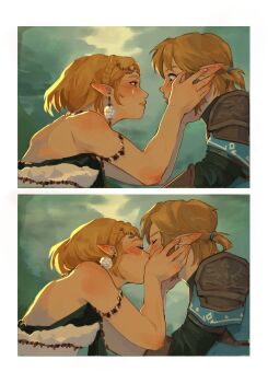 1boy 1girl absurdres armor bare_shoulders bead_armlet blue_tunic blush border braid circlet closed_eyes couple crown_braid dress duskrelic earrings hair_tie hand_on_another&#039;s_cheek hand_on_another&#039;s_face hetero highres jewelry kiss link looking_at_another nintendo parted_bangs ponytail princess_zelda short_hair short_ponytail shoulder_armor sidelocks strapless strapless_dress the_legend_of_zelda the_legend_of_zelda:_tears_of_the_kingdom tunic upper_body vambraces white_border white_dress