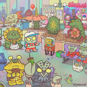 bag balloon baltan_seijin bench bikini bracelet bubble_tea cellphone character_request clothes_hanger commentary cookie cup display_case disposable_cup eating english_commentary flip_phone food gashapon hat highres indoors jewelry jirass kaiju kanegon_(ultra_series) mall nyakiworld phone plastic_bag pretzel shopping shopping_bag smile spill sweatdrop swimsuit table tokusatsu trash_can ultra_series ultraman unworn_bikini