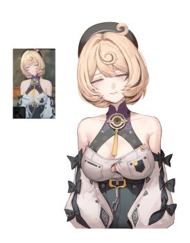 1girl 2bmm2 absurdres bare_shoulders beret black_hair blonde_hair breasts button_gap cleavage cleavage_cutout closed_eyes clothing_cutout commentary derivative_work detached_sleeves game_screenshot_inset hair_intakes hat highres large_breasts light_blush light_smile mole mole_under_mouth multicolored_hair reference_inset screenshot_redraw short_hair simple_background solo streaked_hair white_background yidhari_murphy zenless_zone_zero
