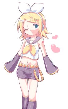 1girl 2000s_(style) aqua_eyes belt black_shorts blonde_hair blush bow crop_top detached_sleeves drawpile_(medium) hair_bow hair_ornament hair_ribbon hairclip headphones headset heart highres kagamine_rin medium_hair midriff neckerchief negiwave2000 number_tattoo one_eye_closed ribbon sailor_collar shirt shorts shoulder_tattoo smile solo tattoo vocaloid white_background white_bow yellow_belt yellow_nails yellow_neckerchief