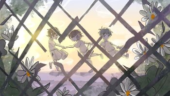 1girl 2boys aged_down akinashi_haru bag blue_eyes chain-link_fence child chinese_commentary commentary_request fence fleabane flower highres holding holding_bag holding_hands luoxingkong mary_janes multiple_boys polo_shirt red_eyes saihate_eki shirt shoes short_hair shorts skirt t-shirt tatsunami_shion tenjiku_aoi white_flower yellow_eyes