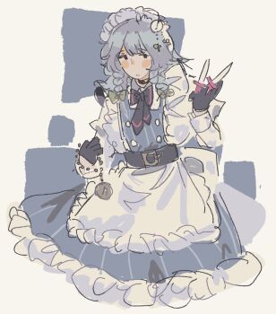1girl adapted_costume apron belt black_belt braid dress frilled_dress frills grey_hair hair_ribbon highres izayoi_sakuya long_sleeves maid_apron maid_headdress mari_(marimariarttt) neck_ribbon pocket_watch ribbon solo touhou twin_braids two-tone_background waist_apron watch