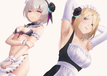 2girls absurdres alternate_costume apron arm_under_breasts armpits arms_behind_head arms_up bare_shoulders bikini black_bikini black_bow black_bowtie black_dress black_flower black_hairband black_ribbon black_rose blonde_hair blunt_bangs bow bowtie breasts clenched_teeth collar collarbone commentary_request cowboy_shot disgust downturned_eyes dress elbow_gloves enmaided eyelashes eyes_visible_through_hair flower frilled_apron frilled_collar frilled_gloves frills from_below frown gloves grey_hair hair_flower hair_ornament hair_ribbon hairband hairclip heaven_burns_red highres large_breasts looking_at_viewer maid maid_headdress medium_hair minase_ichigo minase_sumomo multiple_girls parallel_hairclips parted_bangs purple_eyes purple_ribbon raimuminnt ribbon rose short_hair siblings simple_background sisters sleeveless sleeveless_dress small_breasts straight_hair swimsuit teeth thighhighs underboob v-shaped_eyebrows waist_apron white_apron white_background white_gloves white_thighhighs white_wrist_cuffs wrist_cuffs