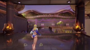 1girl 3d absurdres animated ass ass_shake audible_speech barefoot belly blonde_hair blue_eyes blue_one-piece_swimsuit breasts cleavage cleavage_cutout clothing_cutout earrings english_audio fantastic_four fighting highleg highleg_one-piece_swimsuit highres jewelry jumping large_breasts long_hair long_sleeves looking_at_viewer marvel marvel_rivals multiple_others navel navel_cutout official_alternate_costume one-piece_swimsuit running ryona sound sue_storm sue_storm_(azure_shade) sunglasses swimsuit tagme video