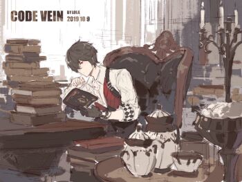 1boy black_gloves black_hair book book_stack bracelet candelabra candle candlestand chair closed_mouth code_vein cup dated gloves hair_over_one_eye holding holding_book indoors jewelry loladestiny male_focus necklace open_book reading red_eyes sitting sketch sleeves_rolled_up solo table