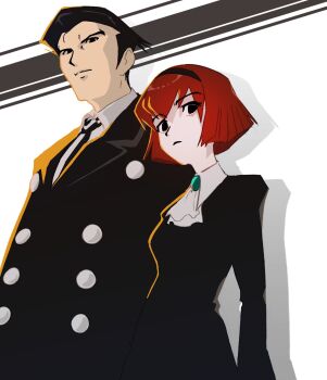 1boy 1girl amulet ascot bob_cut coat collared_shirt ffgghhjj from_side highres looking_at_viewer red_hair roger_smith shirt short_hair tall_male the_big_o trench_coat white_ascot white_background white_shirt