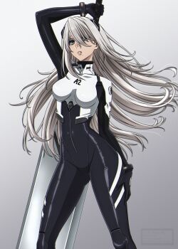 Rule 34 | a2 (nier:automata), absurdres, blue eyes, bodysuit, breasts, hair ornament, hand on own thigh, highres, holding, holding behind back, holding sword, holding sword behind back, holding weapon, holding weapon behind back, latex, latex bodysuit, long hair, mecha pilot suit, medium breasts, mole, mole under mouth, neon genesis evangelion, nier:automata, nier (series), plugsuit (evangelion), shirl geem, simple background, sword, thighs, weapon, white hair