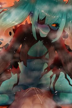 1boy 1girl absurdres aqua_hair black_sclera blush breasts code_vein colored_sclera commission cowgirl_position cum cum_overflow ejaculation ekrea_jan fiery_hair gradient_background grin hetero highres invading_executioner invading_executioner_(code_vein) long_hair looking_at_viewer medium_breasts monster_girl orange_eyes orange_hair pov sex skeb_commission smile steam straddling sweat twintails vaginal