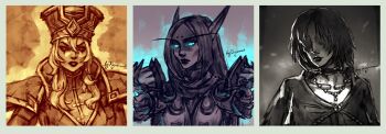 3girls black_hair blood_elf_(warcraft) covered_eyes death_knight_(warcraft) demon&#039;s_souls glowing glowing_eyes hair_between_eyes hat maiden_in_black multiple_girls neryumo portrait red_eyes sally_whitemane sketch warcraft white_hair world_of_warcraft