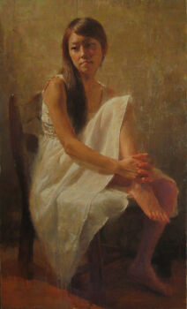 1girl absurdres asian barefoot black_hair chair closed_mouth commentary_request dated_commentary dress expressionless feet from_side highres holding_own_leg interlocked_fingers knee_up leg_up long_hair looking_to_the_side misawa_hiroshi oil_painting_(medium) on_chair original own_hands_together painting_(medium) realistic sitting sleeveless sleeveless_dress solo traditional_media turning_head white_dress