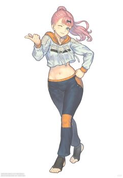 Rule 34 | 1girl, alternate costume, alternate hairstyle, black bow, black pants, blue eyes, blunt bangs, bow, breasts, commentary, commission, cropped jacket, english commentary, fujiwara chika, full body, gofelem, hair bow, hand on own hip, high ponytail, highres, jacket, kaguya-sama wa kokurasetai ~tensai-tachi no renai zunousen~, large breasts, long hair, long sleeves, looking at viewer, midriff, navel, one eye closed, pants, pink hair, pointing, ponytail, simple background, smile, solo, standing, stirrup footwear, toeless socks, toes, white background, white jacket