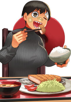 1girl absurdres bandaid bandaid_on_cheek bandaid_on_face bandaid_on_forehead bandaid_on_nose black_eyes black_hair black_sweater bowl breasts chair chopsticks commentary cutlet eating food highres holding holding_bowl holding_chopsticks huge_breasts katsu_(food) kawabata_ryuuko_(narisokonai) lettuce miso_soup narisokonai one_eye_closed open_mouth original plate ribbed_sweater rice rice_bowl sharp_teeth short_hair smile solo soup sweater teeth tomato