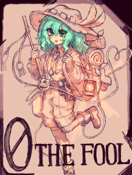 Rule 34 | 1girl, alternate costume, backpack, bag, boots, card, commentary, eyeball, full body, green eyes, green hair, hat feather, heart, heart-shaped pupils, heart of string, highres, holding, jewelry, komeiji koishi, korean commentary, lantern, leg up, long sleeves, medium hair, necklace, rampa93, shirt, shoes, shorts, solo, symbol-shaped pupils, tarot, tarot card, the fool (tarot), third eye, touhou, touhou lostword