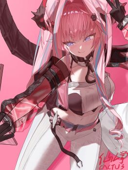 1girl :q absurdres arknights arknights:_endfield black_gloves blue_eyes blue_hair blush chinese_commentary commentary_request dragon_girl dragon_horns dragon_tail gloves hair_intakes highres horns long_hair midriff multicolored_hair pants pointy_ears tail tongue tongue_out twintails v white_pants xianrenzhang. yvonne_(arknights)