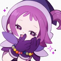 Rule 34 | 1girl, :d, commentary request, earrings, gloves, hands up, hat, highres, jewelry, looking at viewer, magical girl, ojamajo doremi, open mouth, purple eyes, purple gloves, purple hair, purple hat, segawa onpu, short hair, simple background, smile, solo, upper body, white background, witch hat, yukino super