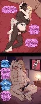 1girl 2boys barefoot bed black_hair black_nails blonde_hair blush collar dark-skinned_male dark_skin earrings english_text feet fishnets gojou_wakana gyaru highres interracial jewelry kitagawa_marin lipstick_mark long_hair multiple_boys netorase nude penis piercing sono_bisque_doll_wa_koi_wo_suru uncensored zeph