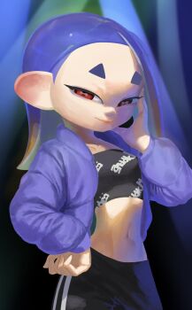 1girl black_background blue_background blue_hair cowboy_shot dbwuqldvec82805 gradient_background hand_on_own_cheek hand_on_own_face hand_on_own_hip jacket long_hair looking_at_viewer navel nintendo octoling open_clothes open_jacket pants red_eyes shiver_(splatoon) shiver_(suffer_no_fools)_(splatoon) smile solo splatoon_(series) splatoon_3 strapless tentacle_hair track_pants tube_top