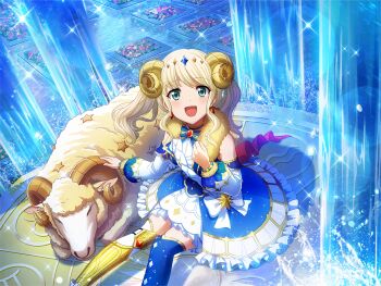 Rule 34 | 1girl, aries (zodiac), asymmetrical legwear, blonde hair, blue bow, blue bowtie, blue dress, blue thighhighs, bow, bowtie, detached sleeves, dress, earrings, fake horns, fur trim, game cg, gem, goat, goat horns, horns, jewelry, looking at viewer, multicolored dress, official art, open mouth, petting, shoujo kageki revue starlight, shoujo kageki revue starlight -re live-, sitting, solo, stream, thighhighs, twintails, uneven legwear, upper body, water, white bow, white dress, white sleeves, yellow thighhighs, yumeoji shiori, zodiac