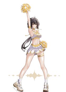 1girl absurdres alternate_costume antenna_hair arm_up armpits bare_shoulders black_hair breasts cheerleader closed_mouth commentary_request crop_top female_rover_(wuthering_waves) full_body hair_ribbon has_bad_revision has_downscaled_revision highres large_breasts long_hair looking_at_viewer md5_mismatch navel pom_pom_(cheerleading) resolution_mismatch ribbon rover_(wuthering_waves) shirt shoes simple_background skirt smile socks solo source_smaller stomach triangle_mouth utim white_background white_shirt white_shoes white_skirt white_socks wuthering_waves yellow_eyes yellow_ribbon