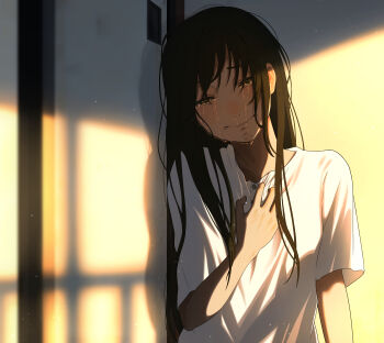 1girl 46_crt absurdres black_hair closed_mouth commentary_request crying crying_with_eyes_open hand_on_own_chest highres long_hair original shadow shirt short_sleeves solo standing t-shirt tears twilight white_shirt