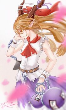 1girl ascot bare_arms blue_skirt blurry blurry_foreground bow breasts brown_hair chain cherry_blossoms commentary depth_of_field falling_petals floating_hair frilled_sleeves frilled_wristband frills gourd hair_bow hashi_(tanx5725) highres horns ibuki_suika long_hair long_pointy_ears looking_ahead oni petals pointy_ears profile pyramid_(geometry) red_ascot red_bow shirt signature skirt sleeveless sleeveless_shirt small_breasts solo touhou very_long_hair white_shirt