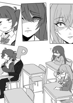1boy 3girls absurdres chair commentary_request constricted_pupils desk diagonal_bangs empty_eyes formal_clothes greyscale highres idolmaster idolmaster_shiny_colors jacket jealous long_hair looking_at_another monochrome monogataritai multiple_girls object_head on_chair osaki_tenka p-head_producer pants producer_(idolmaster) school_chair school_desk sitting sitting_on_lap sitting_on_person suit suit_jacket suzuki_hana tanaka_mamimi twintails