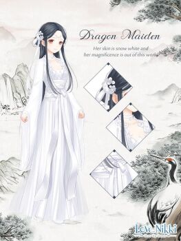 1girl animal artist_request bird black_hair breasts brown_eyes bush character_name chinese_clothes choker circlet cleavage close-up closed_mouth copyright_logo crane_(animal) dot_nose dragon_maiden_(miracle_nikki) english_text flower full_body hair_flower hair_ornament hair_ribbon hanfu light_blush logo long_hair long_sidelocks long_sleeves looking_at_viewer miracle_nikki mountain nikki_(series) official_art outdoors pendant_choker ribbon second-party_source sidelocks sleeves_past_wrists smile solo standing tareme very_long_hair white_background white_choker white_flower white_hanfu white_ribbon wide_sleeves