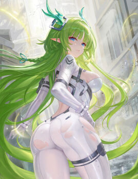 1girl ass back blue_eyes bodysuit breasts building commentary_request debris from_behind green_hair green_horns highres horns large_breasts light_trail long_hair looking_at_viewer original outdoors pointy_ears sideboob solo sparkle standing strap thigh_strap torn_bodysuit torn_clothes very_long_hair white_bodysuit yizhibao