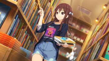 1girl 22/7 22/7_ongaku_no_jikan blue_shorts blurry book bookshelf bookstore braid braided_hair_rings brown_eyes brown_hair collarbone cowboy_shot denim denim_shorts depth_of_field dutch_angle from_below game_cg hair_ribbon hair_rings highres holding holding_book indoors lens_flare long_hair non-web_source official_art print_shirt ribbon shirt shop shorts solo sparkle tachikawa_ayaka twin_braids