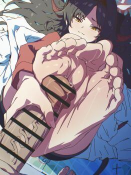 1boy 1girl absurdres animated bar_censor barefoot black_hair blue_archive censored cum cum_on_body cum_on_feet ejaculation erection facial feet foot_focus footjob funen_gomi_m glansjob handjob hetero highres horns kasumi_(blue_archive) loli long_hair male_squirt on_bed one_eye_closed parted_lips penis post_orgasm_torture precum smile soles sound tagme teeth toes veins veiny_penis video yellow_eyes