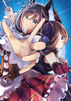 2girls absurdres animal_ears bare_shoulders black_hair blue_dress blue_eyes blue_flower blue_rose blush bob_cut bodice bow breasts brown_hair choker closed_mouth dagger dirndl dress ear_ornament ear_ribbon ear_scrunchie eishin_flash_(meisterschaft)_(umamusume) eishin_flash_(umamusume) fascinator flipped_hair flower frills fur_choker german_clothes hair_between_eyes hair_over_one_eye hat hat_flower highres holding holding_dagger holding_knife holding_sword holding_weapon horse_ears horse_girl horse_tail knife long_hair long_sleeves looking_at_viewer medium_breasts multiple_girls off-shoulder_dress off_shoulder parted_lips purple_eyes red_choker red_skirt red_sleeves rice_shower_(rosy_dreams)_(umamusume) rice_shower_(umamusume) rose scrunchie shirt short_hair skirt smile striped_clothes striped_skirt swept_bangs sword tail tilted_headwear umamusume vertical-striped_clothes vertical-striped_skirt weapon white_scrunchie white_shirt yu-muge