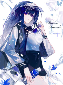 1girl absurdres alternate_costume artist_name blunt_bangs bottle character_name commentary english_commentary english_text genshin_impact gradient_hair highres holding holding_bottle holding_removed_eyewear jacket long_hair long_sleeves looking_at_viewer mole mole_under_eye multicolored_hair open_clothes open_jacket purple_eyes purple_hair raiden_shogun scarlett_(artist) shirt shorts solo sportswear sunglasses unworn_eyewear visor_cap white_shirt