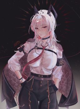 1girl a_r_i_a absurdres arm_pouch armband artist_name black_armband black_choker black_gloves black_horns black_jacket breasts button_gap choker commentary cowboy_shot curled_horns gloves hair_between_eyes half_gloves hand_in_pocket highres horns jacket jacket_on_shoulders large_breasts long_hair necktie pants parted_lips pouch red_necktie shirt solo white_hair white_pants white_shirt wuthering_waves zani_(wuthering_waves)