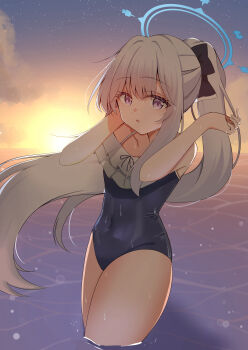 1girl absurdres blue_archive blue_halo blue_one-piece_swimsuit casual_one-piece_swimsuit commentary_request covered_navel frilled_one-piece_swimsuit frills gradient_sky grey_hair halo highres hoshimi_0 long_hair looking_at_viewer miyako_(blue_archive) miyako_(swimsuit)_(blue_archive) ocean off-shoulder_one-piece_swimsuit off_shoulder official_alternate_costume one-piece_swimsuit ponytail purple_eyes sky solo sunset swimsuit two-tone_one-piece_swimsuit wading
