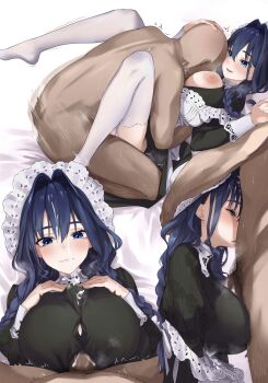 1boy 1girl apron bed_sheet black_dress blue_eyes blue_hair braid breasts button_gap clothed_female_nude_male cum cum_on_body cum_on_breasts cum_on_upper_body dark-skinned_male dark_skin deepthroat dress facial fellatio frilled_apron frilled_hat frills hair_intakes hair_over_shoulder handsfree_paizuri hat hetero highres hololive hololive_english inukai_mofu juliet_sleeves large_breasts long_hair long_sleeves low_twin_braids lying maid maid_apron male_pubic_hair missionary mob_cap nipples no_shoes nude official_alternate_costume official_alternate_hairstyle on_back oral ouro_kronii ouro_kronii_(maid) paid_reward_available paizuri penis pubic_hair puffy_sleeves sex thighhighs twin_braids victorian_maid virtual_youtuber white_apron white_hat white_thighhighs