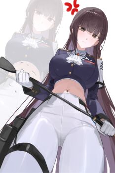 1girl absurdres anger_vein ascot brown_eyes brown_hair crop_top cropped_jacket goddess_of_victory:_nikke highres jacket marciana_(nikke) military_jacket name_tag navel_piercing pants piercing simsimhea solo taut_jacket tight_clothes tight_pants white_ascot white_pants