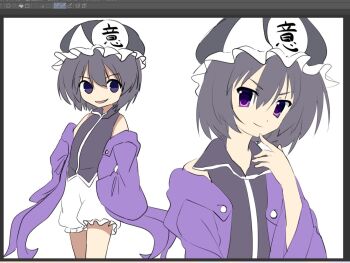 Rule 34 | 1other, 2000s (style), androgynous, art program in frame, bare shoulders, black hat, black shirt, buttons, closed mouth, coattails, collared shirt, commentary request, faux retro artstyle, finger to own chin, flat color, frilled headwear, frilled shorts, frills, grey hair, hair between eyes, hands in pockets, hat, high collar, hood, hood down, hooded jacket, jacket, kurokoge karubi, len&#039;en, long sleeves, looking at viewer, mob cap, multiple views, open clothes, open jacket, open mouth, other focus, procreate (medium), procreate (software), puffy shorts, purple eyes, purple jacket, shirt, shitodo kuroji, short hair, shorts, simple background, sleeveless, sleeveless shirt, sleeves past fingers, sleeves past wrists, smirk, smug, standing, tareme, triangular headpiece, white background, white shorts, wide sleeves