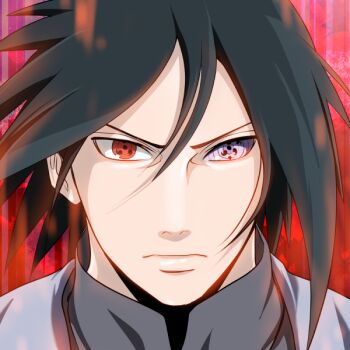 1boy akilaeeee black_hair boruto:_naruto_next_generations commentary_request frown heterochromia male_focus naruto_(series) purple_eyes red_background red_eyes rinnegan serious sharingan solo tomoe_(symbol) uchiha_sasuke