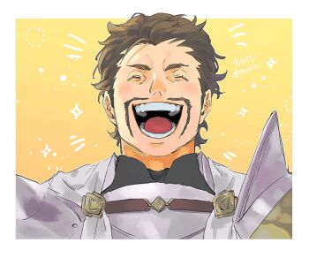 1boy 91007 alois_rangeld brown_hair closed_eyes commentary_request facial_hair fire_emblem fire_emblem:_three_houses long_mustache male_focus mature_male mustache nintendo open_mouth short_hair