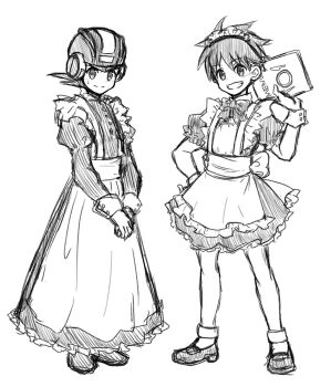 2boys apron artist_request bare_legs broom cafe capcom child crossdressing crossdressing_(mtf) dress grin helmet holding holding_menu lan_hikari_(mega_man) legs maid maid_apron maid_cafe male_focus male_maid mega_man_(series) mega_man_battle_network mega_man_battle_network_(series) megaman.exe menu messy multiple_boys shoes shota smile traditional_media trap