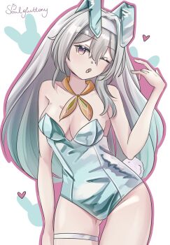 1girl :o animal_ears aqua_leotard breasts firefly_(honkai:_star_rail) gradient_eyes gradient_hair green_pupils grey_hair hair_between_eyes hair_intakes heart highres honkai:_star_rail honkai_(series) leotard long_hair medium_breasts multicolored_eyes multicolored_hair neckerchief one_eye_closed open_mouth orange_neckerchief playboy_bunny rabbit_ears simple_background solo soulgluttony strapless strapless_leotard thigh_strap twitter_username white_background